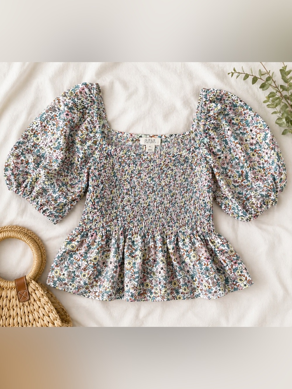 a.n.a. Floral Smocked Puff Sleeve Peplum Top XL Cottagecore Boho Square Neck